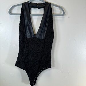 BeBe black lace bodysuit faux leather halter witchy dark fairy gothic small